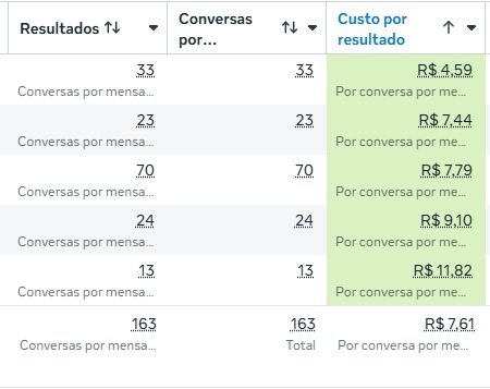 163 conversas qualificadas — custo médio de R$ 7,61